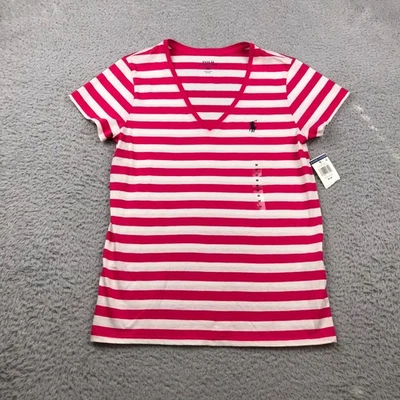 Camisa Polo Ralph Lauren Para Mujer M Rosa Rayas Cuello en V Bordado Poni Logo NUEVA NUEVA CON ETIQUETAS Foto 1 de 4