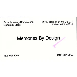 Eve Van Kley Memories by Design DeMotte IN Vintage Business Card SC9-B10 - Bild 1 von 2