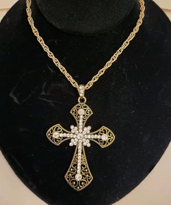 Large Brass Tone Cross Necklace Rhinestone Ornate On 24" Sarah Cov Chain  - Picture 1 of 9
