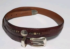 Orvis BUFFALO NICKEL Wood beaded Brown Leather Belt 99YL Size 38 Silver Buckle - Picture 1 of 10
