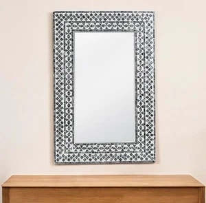 36" Black And White Geometric Mosaic Capiz Shell Framed Accent Mirror - Picture 1 of 5