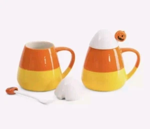 Mr Halloween Candy Corn Mugs w/ Spoons & Lids Set of 2 Yellow and Orange - Picture 1 of 5