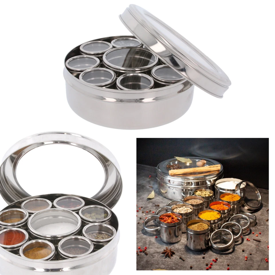 Authentic Indian Spice Tin Box Masala Dabba Stainless Steel 9PC Spices Herb Pots - Image 1 of 4