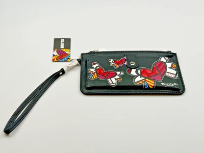 Romero Britto кошелек с ремешком, бумажник, клатч - черный w/летающие сердца - совершенно новый!! - Изображение 1 из 4