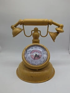 Yellow Retro Metal Mantel Clock - Old Fashioned Telephone - Vintage Shabby Chic - Picture 1 of 10