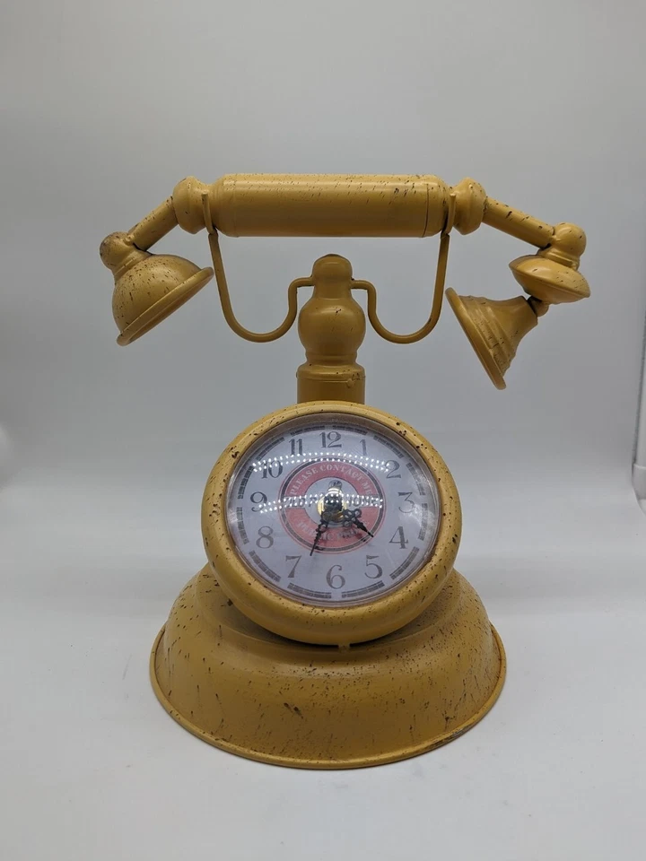 Yellow Retro Metal Mantel Clock - Old Fashioned Telephone - Vintage Shabby Chic - Image 1 of 4