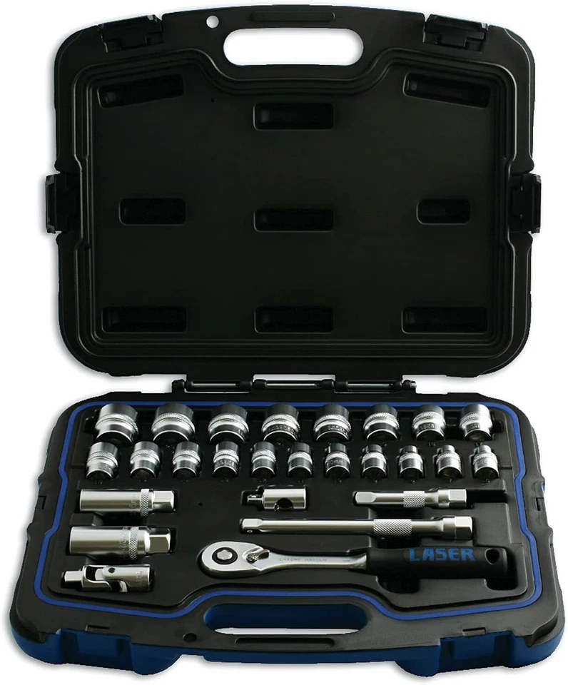 LASER TOOLS 4914 3/8"D 26 Pc Metric Socket Set 6mm-24mm Shallow, Ratchet,etc - Image 1 of 4