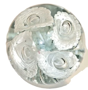 Vintage Glass Paperweight with White Flowers and Bubbles 3.75" Tall CK0497 - Picture 1 of 8