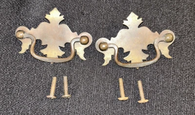 2 Brass Antique Chippendale Swinging Drawer Handle Pull 3" Length 2.5” Center - Image 1 of 4