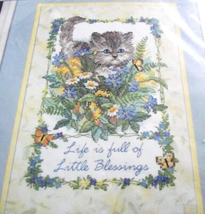 Dimensions Stamped Cross Stitch Kit "Little Blessings - Kitten Flowers" - New - Picture 1 of 3