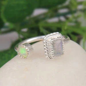 Labradorite and Opal Adjustable Ring Sterling Silver Engagement Ring For Her - Picture 1 of 5