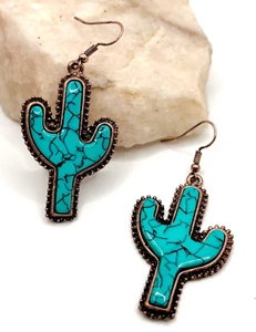 Western Southwestern Copper Turquoise Blue Saguaro Cactus Cacti Dangle Earrings - Picture 1 of 3