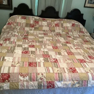 Shabby Farmhouse Quilt Full 84" x 84" Pinks Tans Reverse to Stripe - Picture 1 of 9