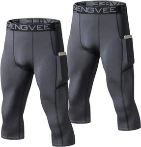 Mens 2 Pack 3/4 Compression Cool Dry Base Layer Training Leggings Grey (SM) (29 - Picture 1 of 5