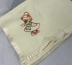 Waffle Weave Baby Blanket Satin Trim Yellow Embroidered Duck 24 x 37 in Vtg - Picture 1 of 10