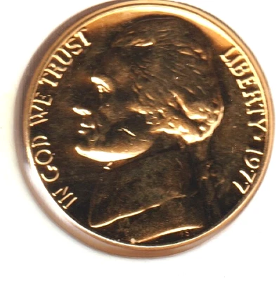 Placa de ouro 24K rara antiga EUA 1977 Jefferson níquel coleção moeda não circulada BU - Imagem 1 de 2