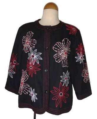 Chaqueta de Primavera Alfred Dunner Negra Bordada Floral, Manga 3/4 Abotonada Talla 16 Foto 1 de 4