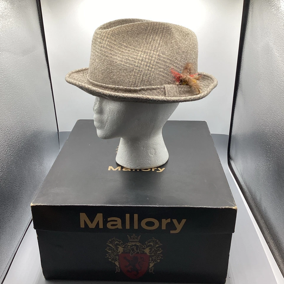 Dobbs Fifth Avenue Fedora Hat 7 3/8 Beige Tweed Wool Plaid Feather W Mallory Box - Image 1 of 4