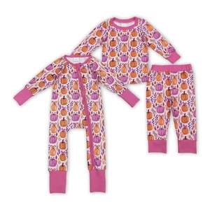 Autumn Design Pumpkin Bow Print Long Sleeve Pajama Set for Girls Toddler - Picture 1 of 7