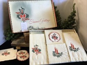 2182🌟Vintage Christmas Lanterns & Candles Paper Placemats Napkins Coas Orig Box - Picture 1 of 7