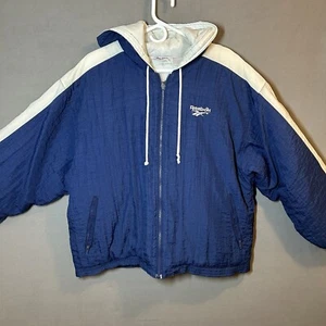 VTG Reebok Insulated Quilted Zip Puffer Jacket Lg Blue/White Hooded - Picture 1 of 19