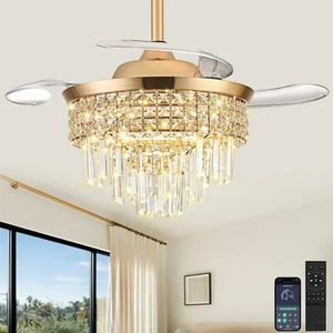 YITGOG 36" Gold Crystal Fandelier Ceiling Fan with Light Dimmable LED APP Con... - Picture 1 of 8