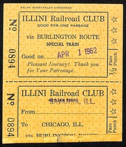 Illini Railroad Club 1962 Burlington Route Special Train Ticket 0894 Bloomquist* - Picture 1 of 2