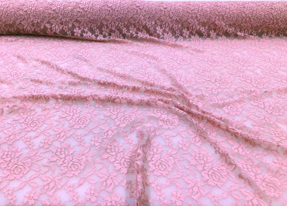 Tela bordada de encaje elástico floral transparente rosa polvorienta DD508 Foto 1 de 1