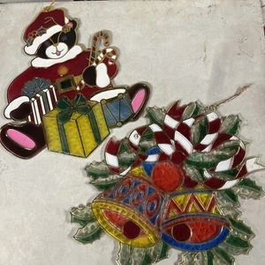 Vintage Christmas Large Plastic Sun Catcher Stain Glass Look CAT BELLS - Picture 1 of 4