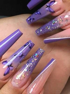 24pcs Long Coffin Purple Gradient Glitter Butterfly Fake Nail False Nails Press - Picture 1 of 6