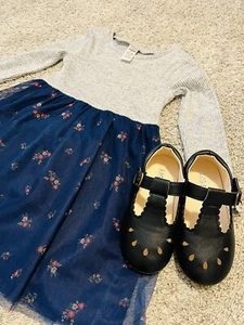 OshKosh Long Sleeve Gray & Navy Dress with Floral Tulle Skirt and Shoes Size 4T - Picture 1 of 6