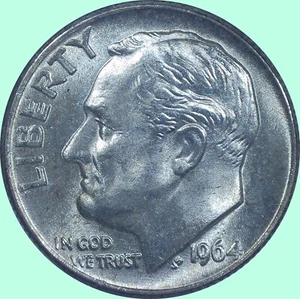 1964 Roosevelt Dime BU Uncirculated Mint State 90% Silver 10c US Coin - Picture 1 of 2