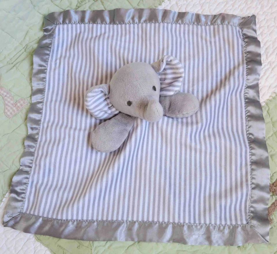 Manta de seguridad para bebé Circo Elephant gris rayas blancas con borde satinado Lovey usada en excelente estado Foto 1 de 3