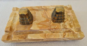 Large Antique Double Inkwell - Brass and Marble / Onyx / Alabaster Stone? - Foto 1 di 24