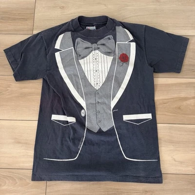 ORIGINAL Vtg 1980 Suit Tuxedo AOP Tie Gag Halloween costume Hanes T Shirt USA SM - Image 1 of 4