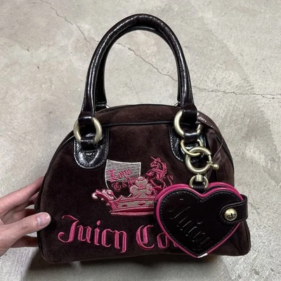 Y2K Rare Juicy Couture Crown Crest Brown/Pink Velour Bowler Tote Bag Vintage - Image 1 of 4