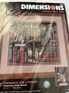 Frederick the Literate Cat in Books and Owl Dimensions Cross Stitch Kit Vintage - Picture 1 of 3