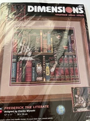 Frederick the Literate Cat in Books and Owl Dimensions Cross Stitch Kit Vintage - Image 1 of 3