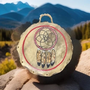Vintage Taos Indianer Stil doppelseitige Trommel Handarbeit Traumfänger Federn - Bild 1 von 6