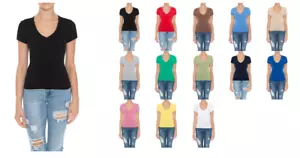 Casual Fitted Basic V-Neck Short Sleeve Top Shirts - Picture 1 of 17