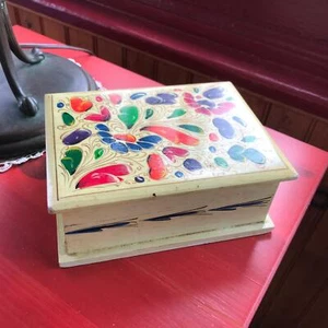 5" x 3.5" Hand Floral Folk Painted Wood Card Box with Hinges /Tarot or Jewelry - Picture 1 of 7