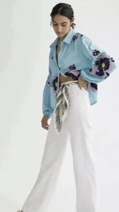 Anthropologie Maeve Embroidered Button-Down Floral Patchwork Turquoise XS NWT - Picture 1 of 7