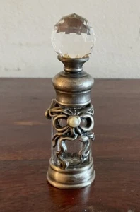 Lovely Pewter Perfume Bottle With Bow And Faux Pearl - Picture 1 of 7