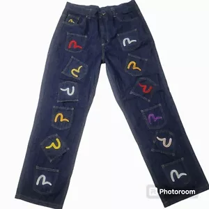 Vtg EVISU Jeans Y2k Multi Pocket/Color Wide Leg Skater Japan Hip Hop Streetwear - Picture 1 of 15