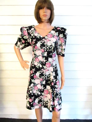 Vtg  D B Y  Romantic Floral  Fit & Flare Day Dress Puffy Sleeves Sz  13 Made USA - Image 1 of 4