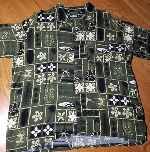 Clear Blue Sky Green Print   Hawaiian Shirt Mens Large Surfboard Palm Tree Tiki  - Picture 1 of 4