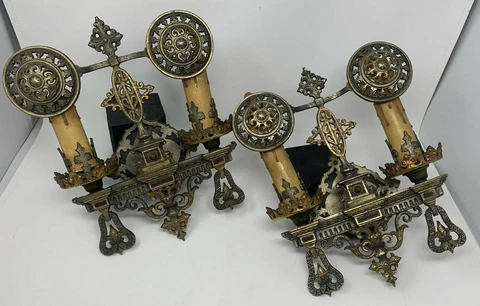 Pair 1920s French Gothic Revival Wall Sconces Brass and Pewter Oscar Bach Style Cover