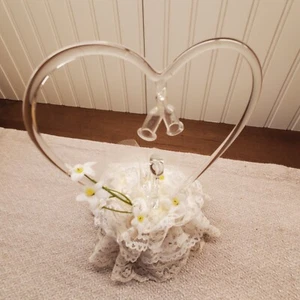 Vtg Glass Heart Swan Wedding Cake Topper White Lace Heart Decor Anniversary - Picture 1 of 8
