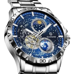 Glenaw Rotating Earth Double Second Hand Wristwatch Men Automatic Mechanical - Picture 1 of 20
