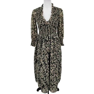 Asos Kleid Damen 4 dunkle Blumen gesmokt Rüschen V-Ausschnitt schwarz rosa grün Boho - Bild 1 von 13